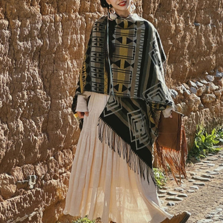 Buddha Stones Tybetański szal w paski Geometryczny wzór Zimowy przytulny szalik podróżny z frędzlami - image 8