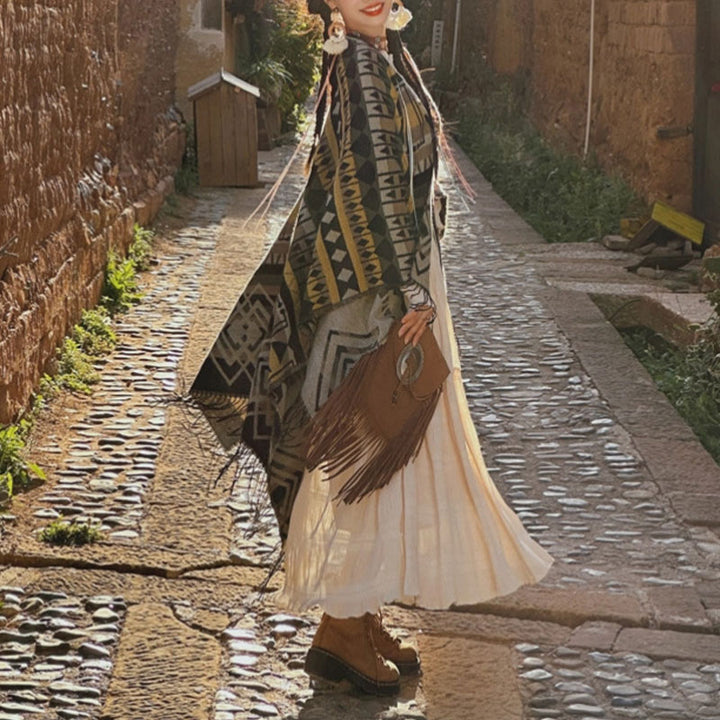 Buddha Stones Tybetański szal w paski Geometryczny wzór Zimowy przytulny szalik podróżny z frędzlami - image 10