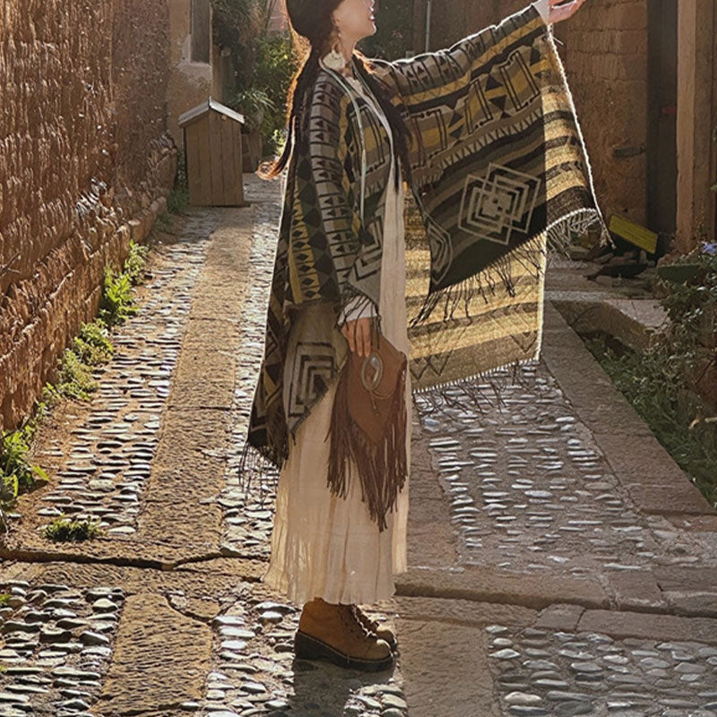 Buddha Stones Tybetański szal w paski Geometryczny wzór Zimowy przytulny szalik podróżny z frędzlami - image 11