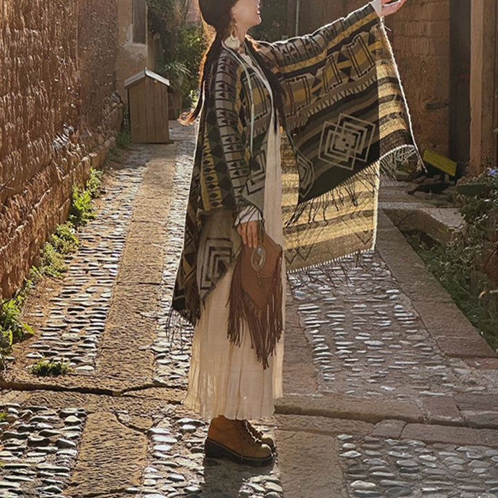 Buddha Stones Tybetański szal w paski Geometryczny wzór Zimowy przytulny szalik podróżny z frędzlami - image 11