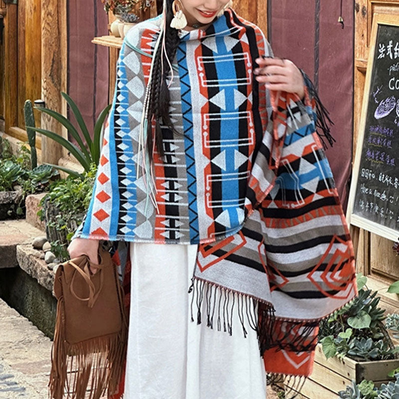 Buddha Stones Tybetański szal w paski Geometryczny wzór Zimowy przytulny szalik podróżny z frędzlami - image 4