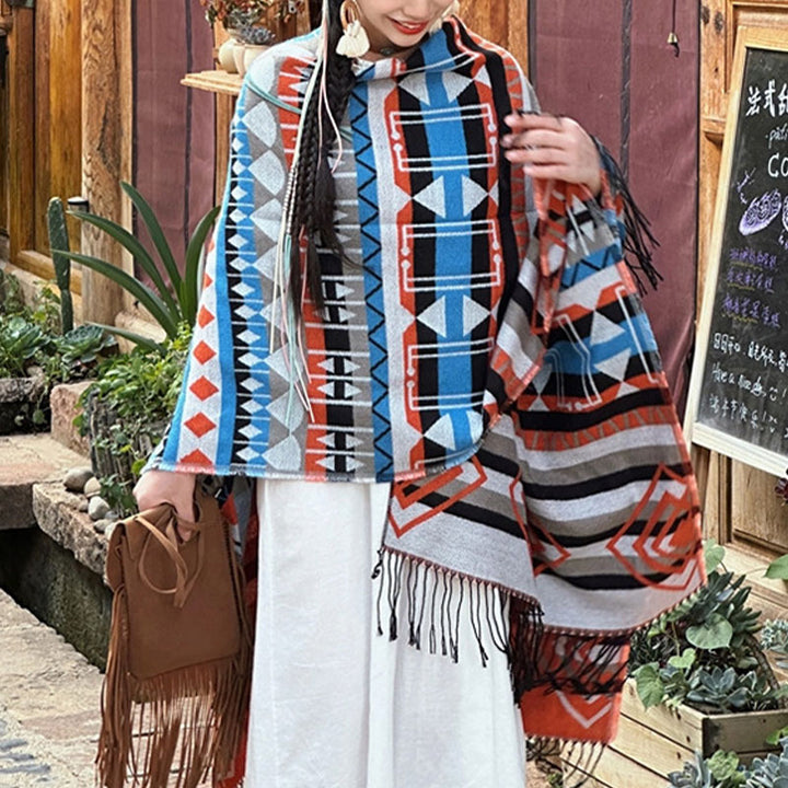 Buddha Stones Tybetański szal w paski Geometryczny wzór Zimowy przytulny szalik podróżny z frędzlami - image 4