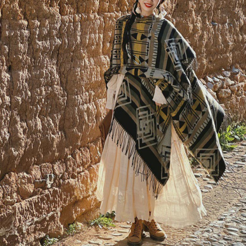 Buddha Stones Tybetański szal w paski Geometryczny wzór Zimowy przytulny szalik podróżny z frędzlami - Brązowo-szary 130*150cm - image 6