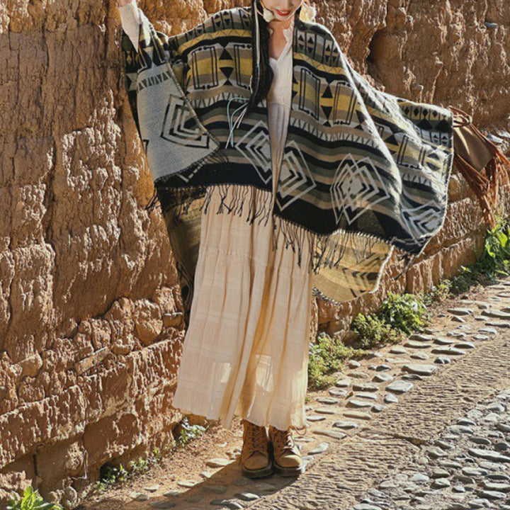 Buddha Stones Tybetański szal w paski Geometryczny wzór Zimowy przytulny szalik podróżny z frędzlami - image 7