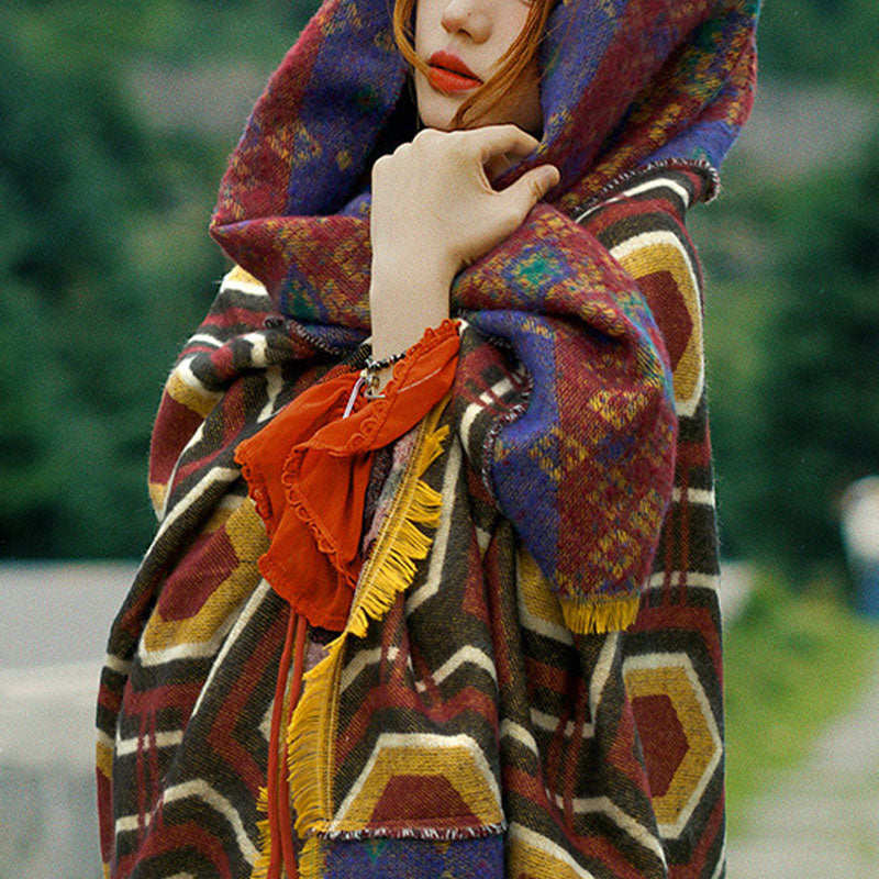Buddha Stones Tybetański szal Brązowy Niebieski Czerwony Geometryczne kształty Wzór Zimowy Przytulny Szalik Podróżny Otulacz - image 16