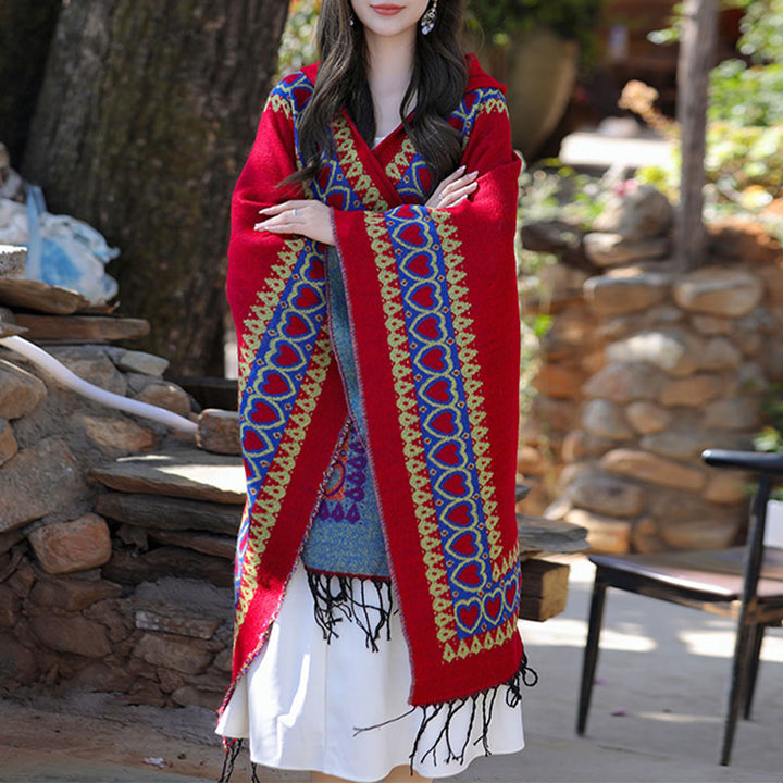 Buddha Stones Tybetański szal Czerwony Serce Miłości Chwost Kaptur Płaszcz Zimowy Przytulny Szalik Podróżny Otulacz - image 3