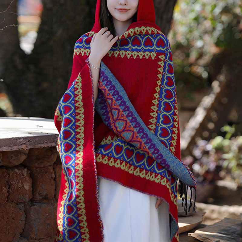 Buddha Stones Tybetański szal Czerwony Serce Miłości Chwost Kaptur Płaszcz Zimowy Przytulny Szalik Podróżny Otulacz - image 1