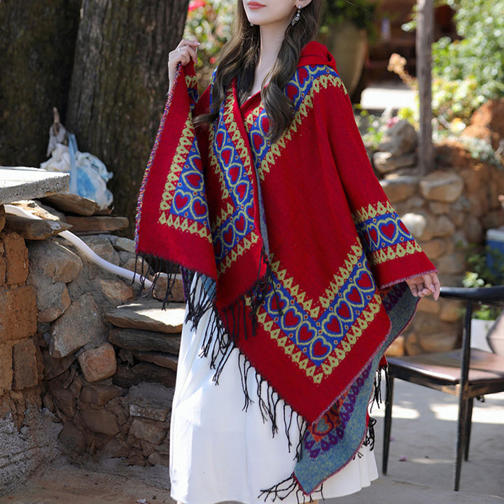 Buddha Stones Tybetański szal Czerwony Serce Miłości Chwost Kaptur Płaszcz Zimowy Przytulny Szalik Podróżny Otulacz - image 5