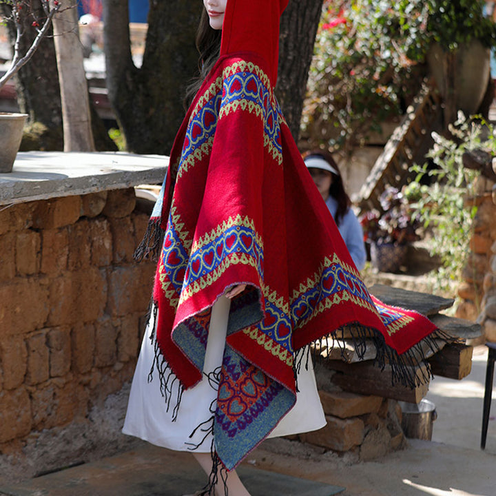 Buddha Stones Tybetański szal Czerwony Serce Miłości Chwost Kaptur Płaszcz Zimowy Przytulny Szalik Podróżny Otulacz - image 11