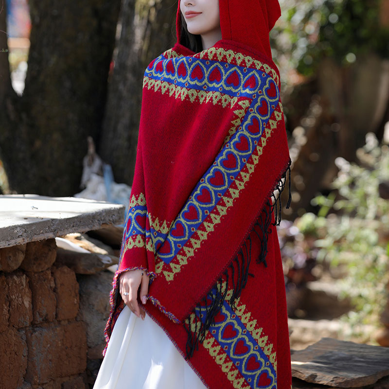 Buddha Stones Tybetański szal Czerwony Serce Miłości Chwost Kaptur Płaszcz Zimowy Przytulny Szalik Podróżny Otulacz - image 12