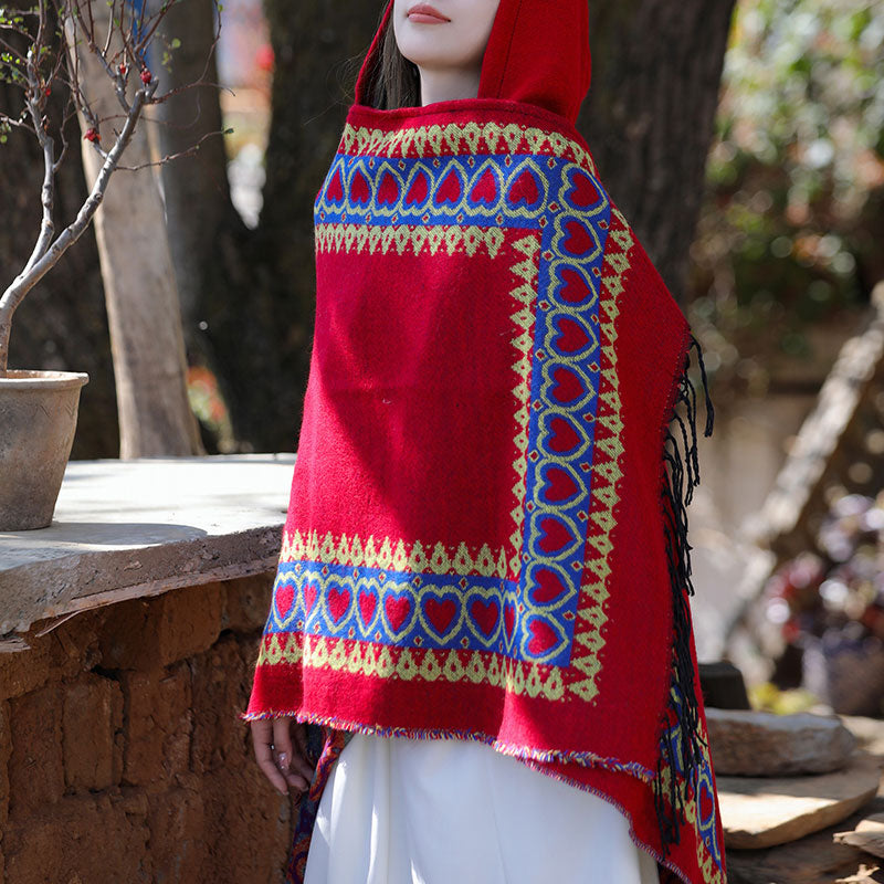 Buddha Stones Tybetański szal Czerwony Serce Miłości Chwost Kaptur Płaszcz Zimowy Przytulny Szalik Podróżny Otulacz - image 8