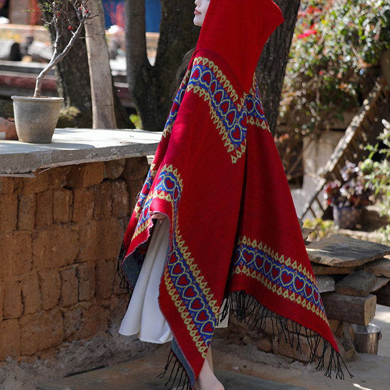 Buddha Stones Tybetański szal Czerwony Serce Miłości Chwost Kaptur Płaszcz Zimowy Przytulny Szalik Podróżny Otulacz - image 10