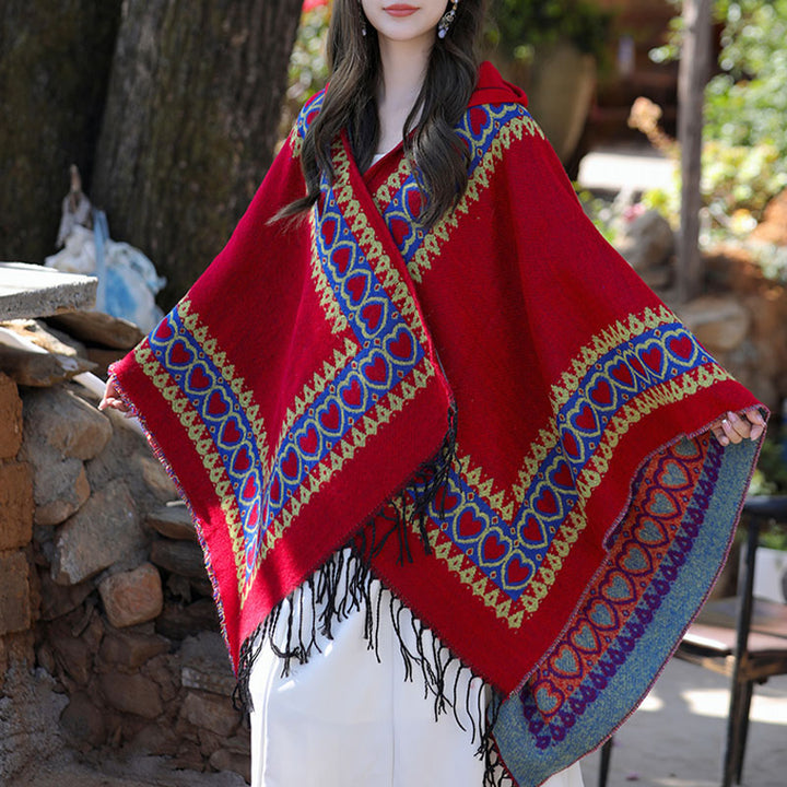 Buddha Stones Tybetański szal Czerwony Serce Miłości Chwost Kaptur Płaszcz Zimowy Przytulny Szalik Podróżny Otulacz - image 9