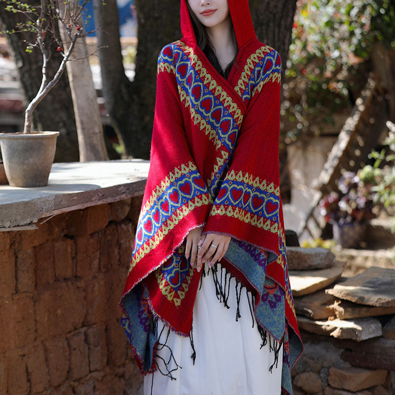 Buddha Stones Tybetański szal Czerwony Serce Miłości Chwost Kaptur Płaszcz Zimowy Przytulny Szalik Podróżny Otulacz - image 13