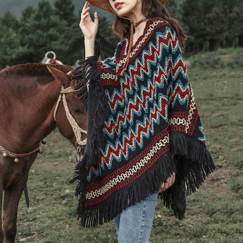 Buddha Stones Tybetański szal w paski dzianinowe frędzle sweter zimowy przytulny szalik podróżny otulacz - image 1