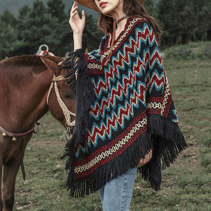 Buddha Stones Tybetański szal w paski dzianinowe frędzle sweter zimowy przytulny szalik podróżny otulacz - image 1