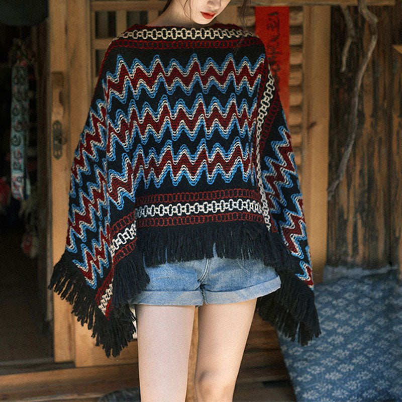 Buddha Stones Tybetański szal w paski dzianinowe frędzle sweter zimowy przytulny szalik podróżny otulacz - image 2