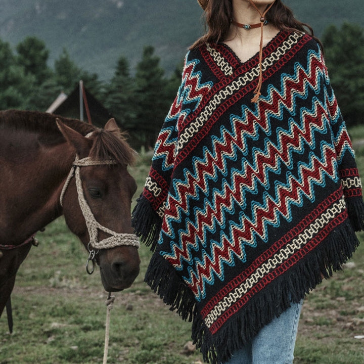 Buddha Stones Tybetański szal w paski dzianinowe frędzle sweter zimowy przytulny szalik podróżny otulacz - image 5