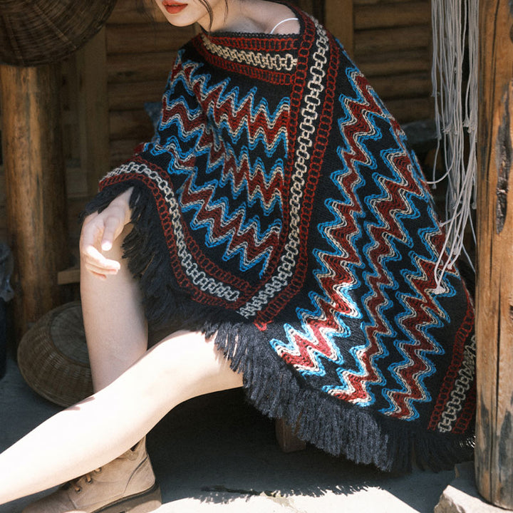 Buddha Stones Tybetański szal w paski dzianinowe frędzle sweter zimowy przytulny szalik podróżny otulacz - image 7