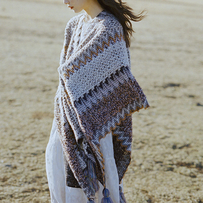 Buddha Stones Tybetański szal Szary Brązowy Paski Dzianinowe Frędzle Zimowy Przytulny Szalik Podróżny Otulacz - 140*110 cm - image 0