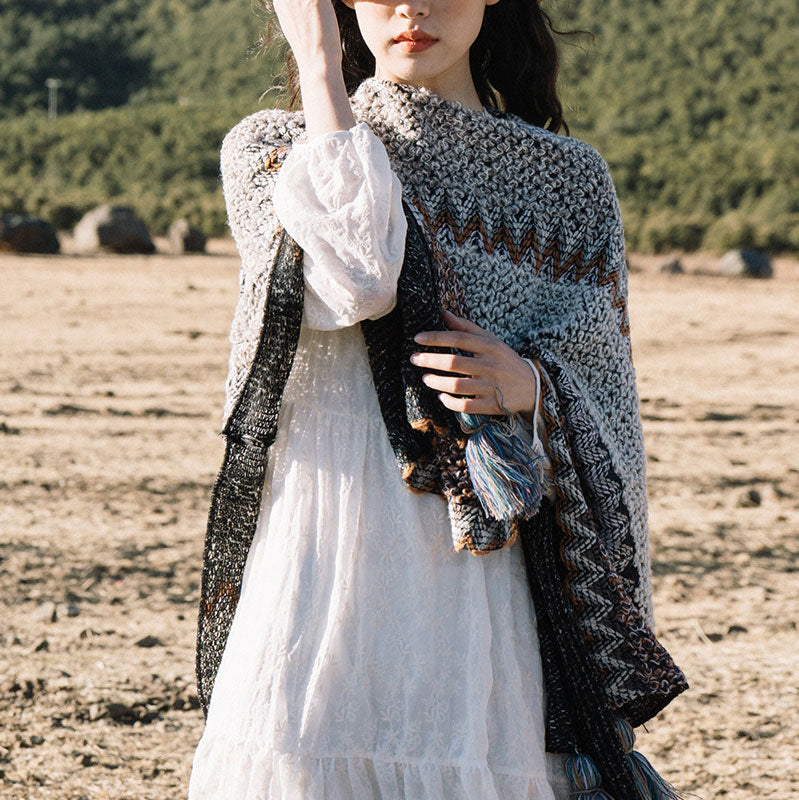 Buddha Stones Tybetański szal Szary Brązowy Paski Dzianinowe Frędzle Zimowy Przytulny Szalik Podróżny Otulacz - image 1