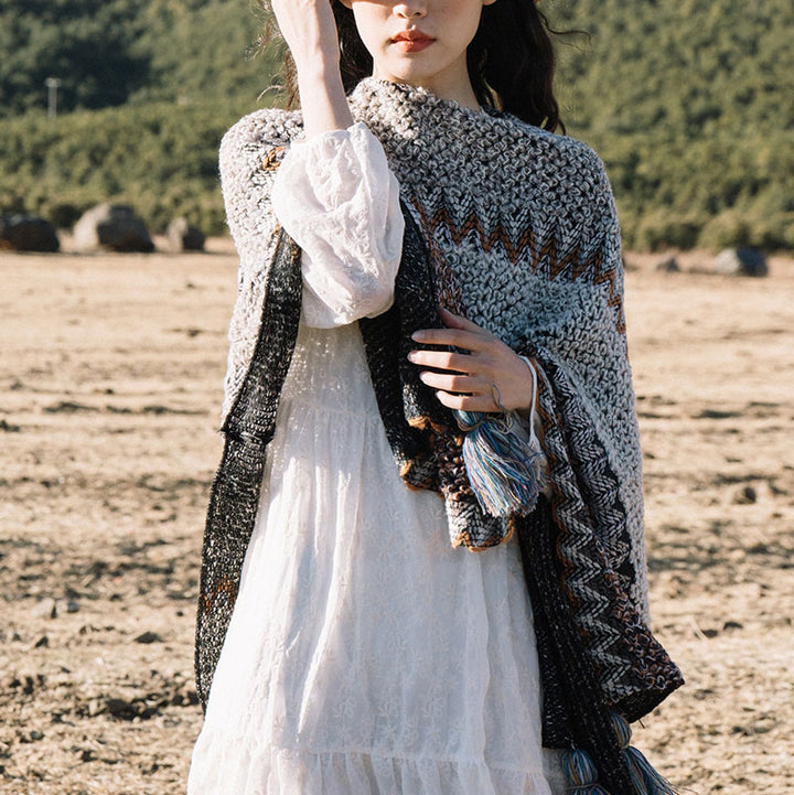 Buddha Stones Tybetański szal Szary Brązowy Paski Dzianinowe Frędzle Zimowy Przytulny Szalik Podróżny Otulacz - image 1