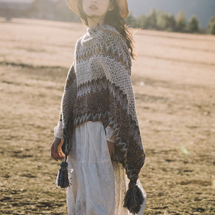 Buddha Stones Tybetański szal Szary Brązowy Paski Dzianinowe Frędzle Zimowy Przytulny Szalik Podróżny Otulacz - image 2
