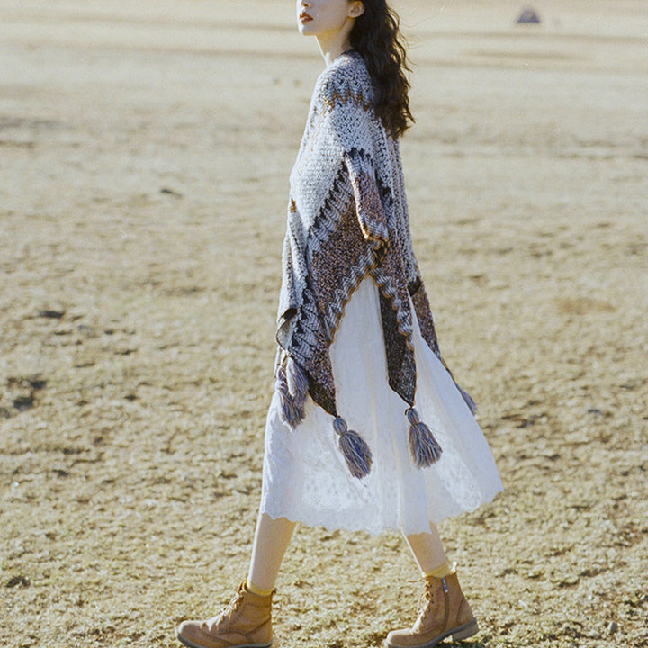 Buddha Stones Tybetański szal Szary Brązowy Paski Dzianinowe Frędzle Zimowy Przytulny Szalik Podróżny Otulacz - image 4