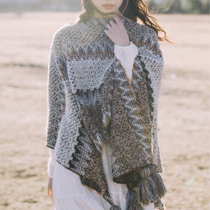 Buddha Stones Tybetański szal Szary Brązowy Paski Dzianinowe Frędzle Zimowy Przytulny Szalik Podróżny Otulacz - image 5