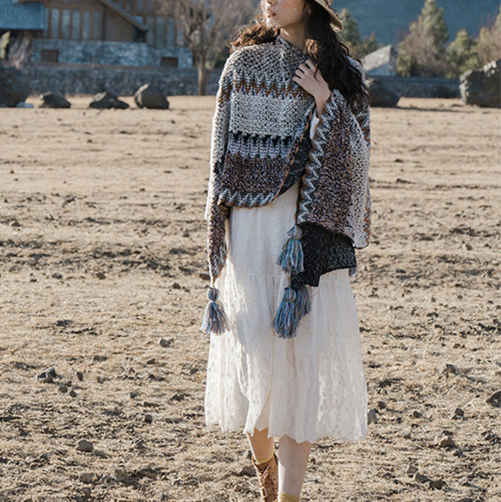 Buddha Stones Tybetański szal Szary Brązowy Paski Dzianinowe Frędzle Zimowy Przytulny Szalik Podróżny Otulacz - image 8