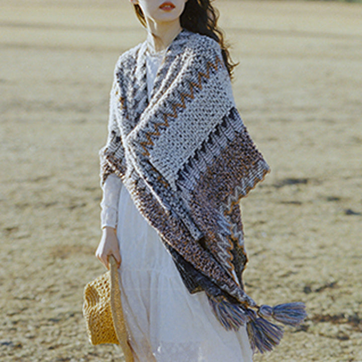 Buddha Stones Tybetański szal Szary Brązowy Paski Dzianinowe Frędzle Zimowy Przytulny Szalik Podróżny Otulacz - image 13