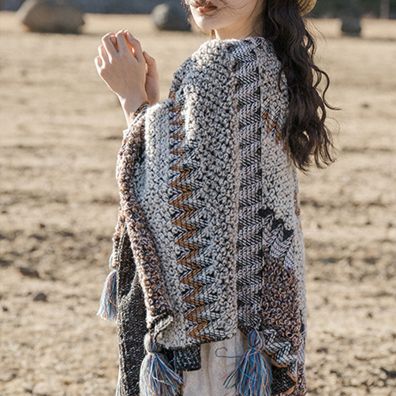 Buddha Stones Tybetański szal Szary Brązowy Paski Dzianinowe Frędzle Zimowy Przytulny Szalik Podróżny Otulacz - image 3