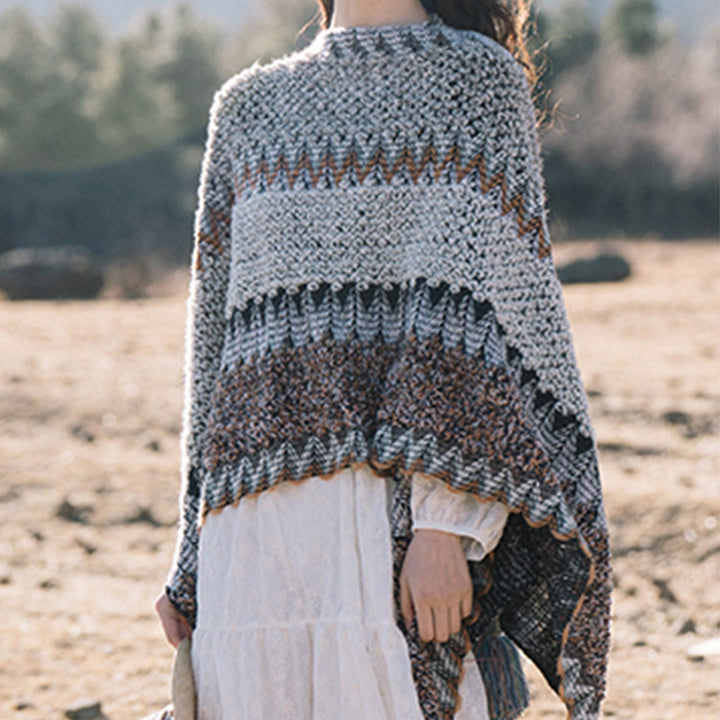 Buddha Stones Tybetański szal Szary Brązowy Paski Dzianinowe Frędzle Zimowy Przytulny Szalik Podróżny Otulacz - image 12