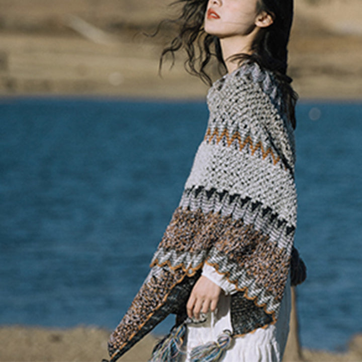 Buddha Stones Tybetański szal Szary Brązowy Paski Dzianinowe Frędzle Zimowy Przytulny Szalik Podróżny Otulacz - image 17