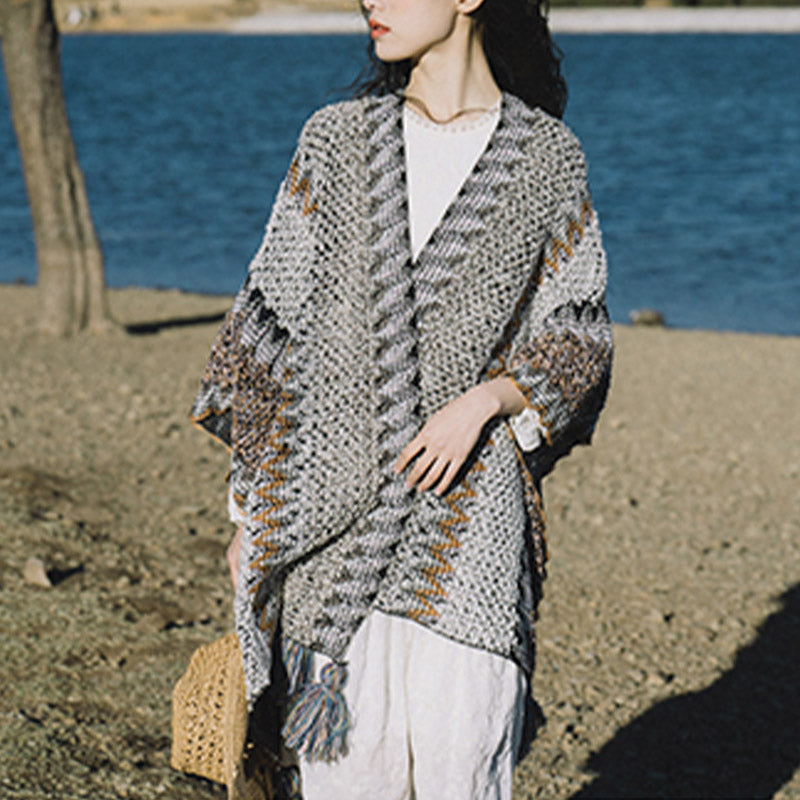 Buddha Stones Tybetański szal Szary Brązowy Paski Dzianinowe Frędzle Zimowy Przytulny Szalik Podróżny Otulacz - image 16