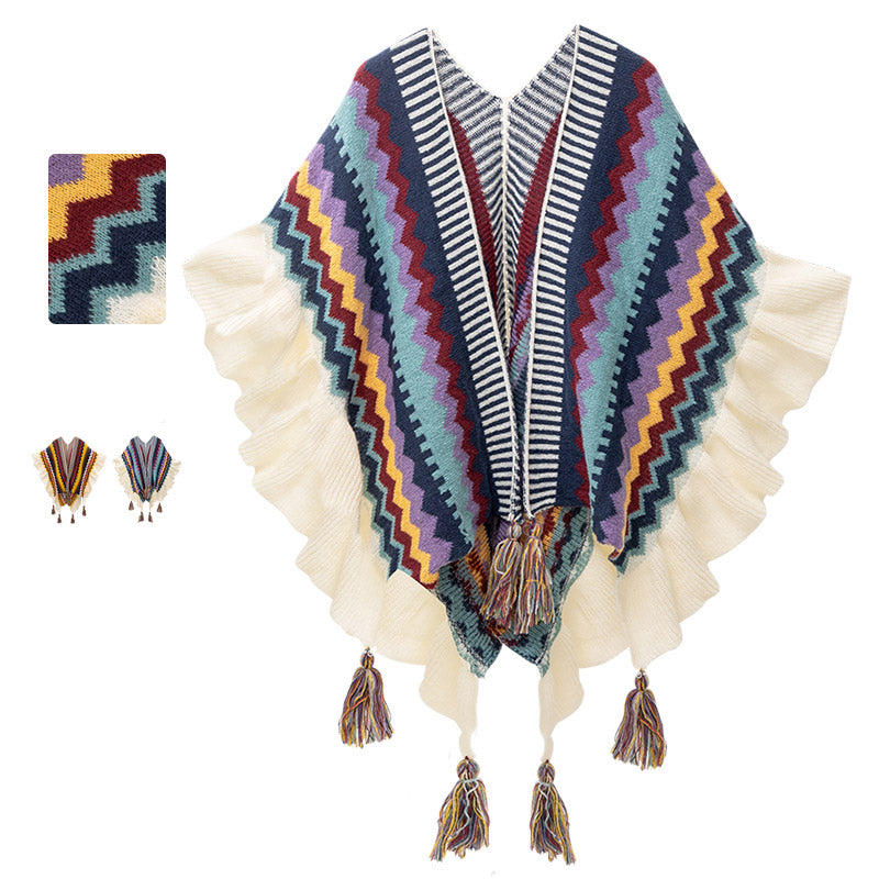Buddha Stones Tybetański Szal Kolorowe Paski Faliste Linie Frędzle Zimowy Przytulny Szalik Podróżny Otulacz - image 0