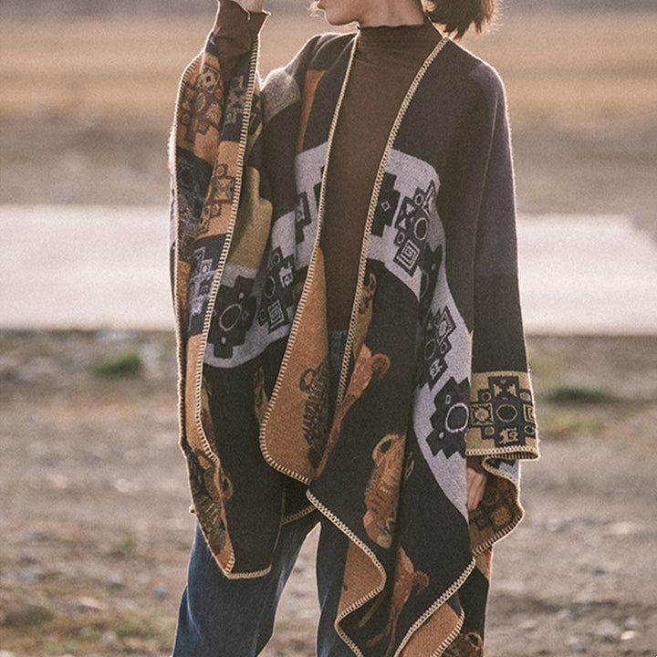 Buddha Stones Tybetański Szal Jeleń Wazon Geometryczne Kształty Zimowy Przytulny Szalik Podróżny Otulacz - Czarno-żółty 130*150cm - image 0