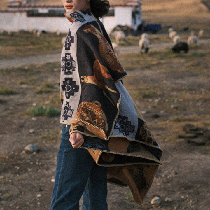 Buddha Stones Tybetański Szal Jeleń Wazon Geometryczne Kształty Zimowy Przytulny Szalik Podróżny Otulacz - image 2