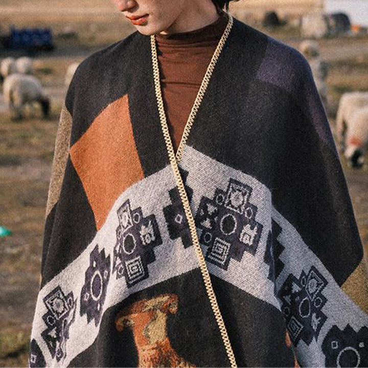 Buddha Stones Tybetański Szal Jeleń Wazon Geometryczne Kształty Zimowy Przytulny Szalik Podróżny Otulacz - image 9