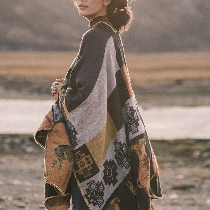 Buddha Stones Tybetański Szal Jeleń Wazon Geometryczne Kształty Zimowy Przytulny Szalik Podróżny Otulacz - image 11