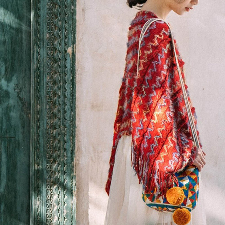 Buddha Stones Tybetański Kolorowy Pasiasty Szal Frędzle Sweter Zimowy Przytulny Podróżny Szalik Otulacz - image 15