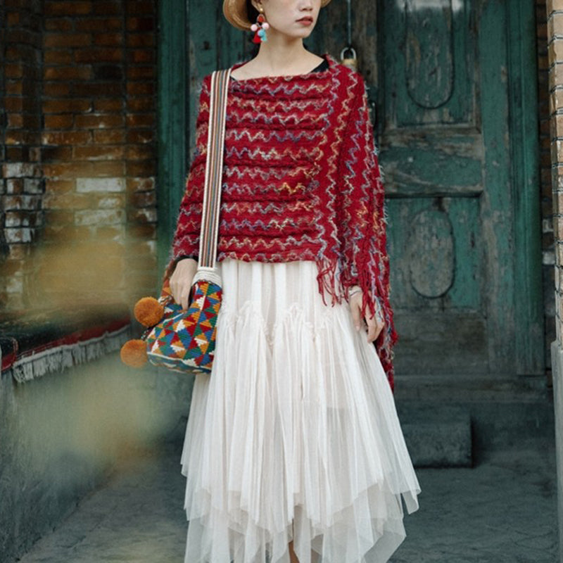 Buddha Stones Tybetański Kolorowy Pasiasty Szal Frędzle Sweter Zimowy Przytulny Podróżny Szalik Otulacz - Czerwony 85*75cm - image 0