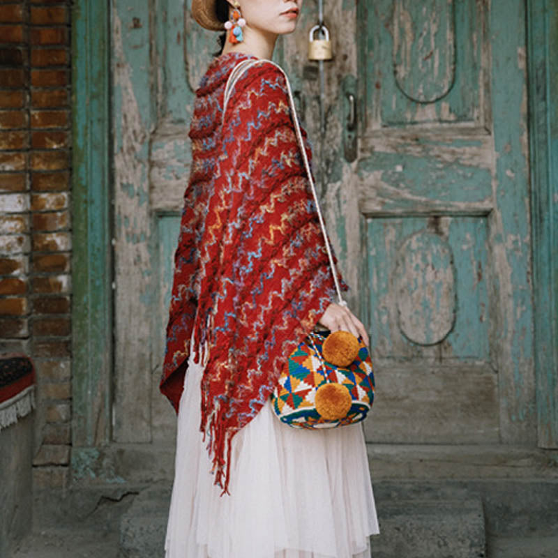 Buddha Stones Tybetański Kolorowy Pasiasty Szal Frędzle Sweter Zimowy Przytulny Podróżny Szalik Otulacz - image 8