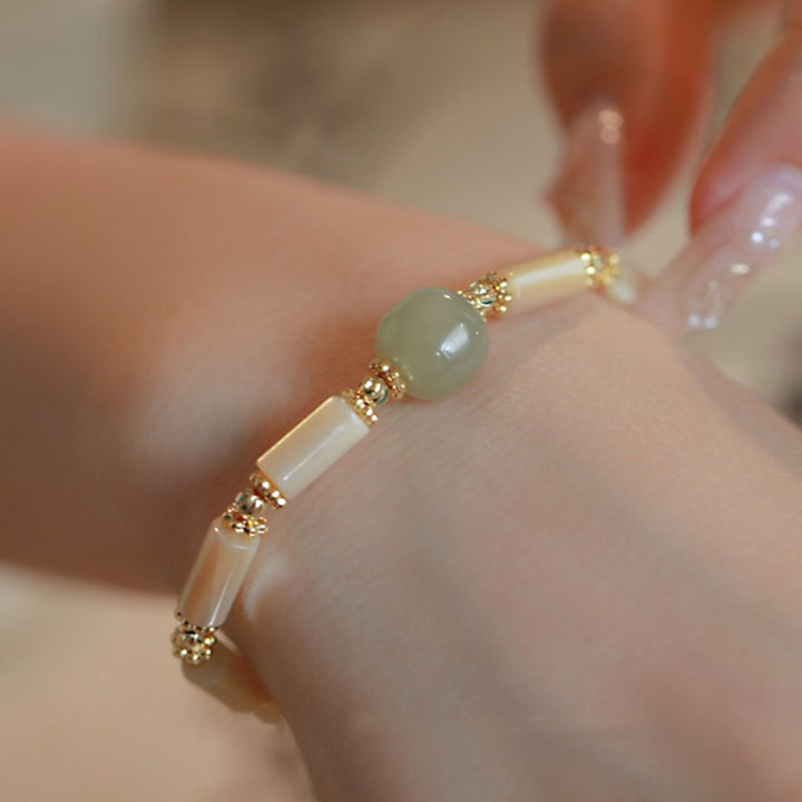 Buddha Stones 14K pozłacane Tridacna Stone Hetian Jade Bead Bransoletka z wzorem bambusa