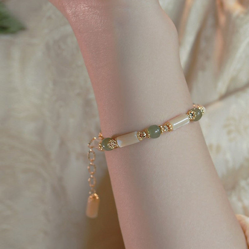 Buddha Stones 14K pozłacane Tridacna Stone Hetian Jade Bead Bransoletka z wzorem bambusa
