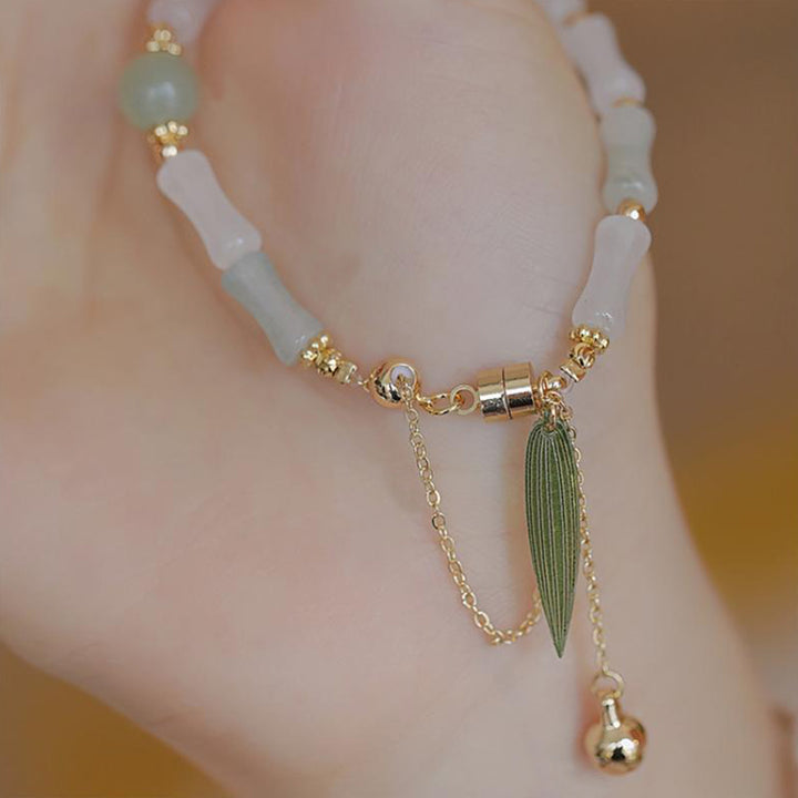 Bransoletka ochronna z Buddha Stones 14K pozłacana Hetian White Jade Bamboo Leaf