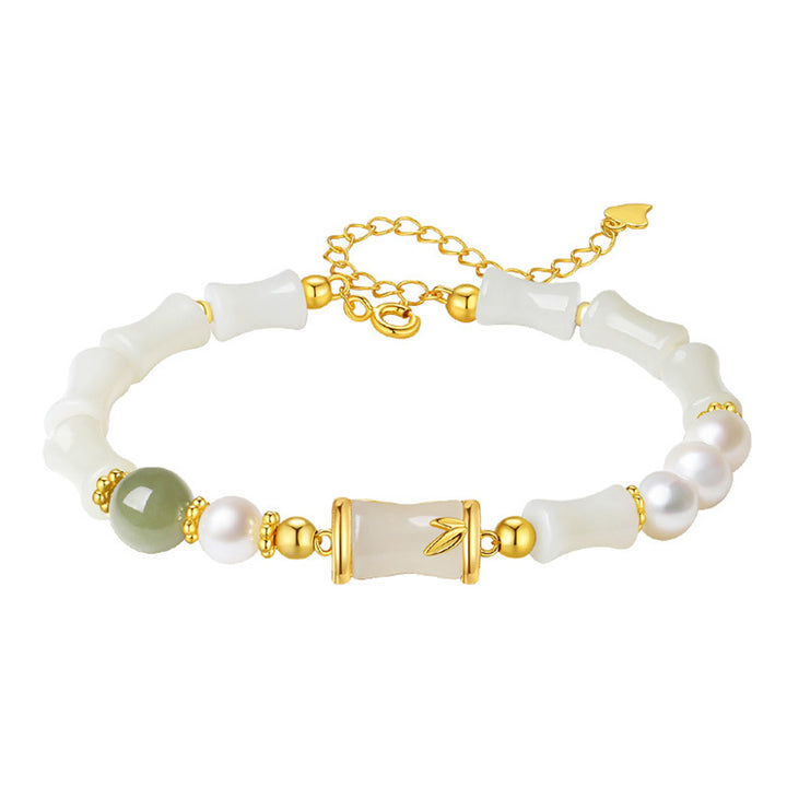 Buddha Stones 925 Srebro Sterling Naturalny Hetian Biały Jade Bambus Bransoletka Błogosławieństwa Szczęścia