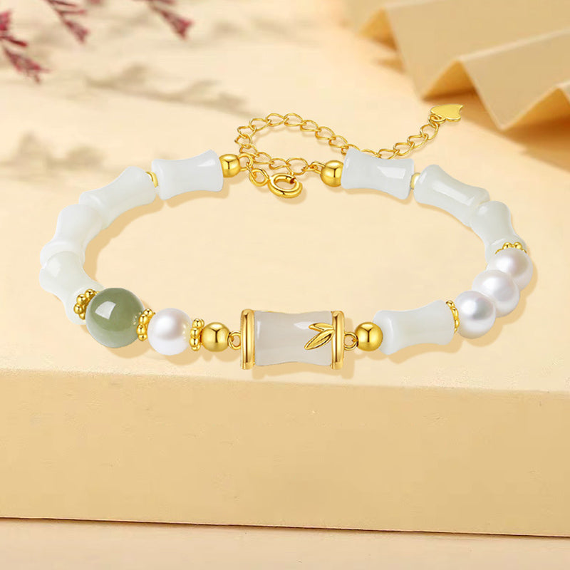 Buddha Stones 925 Srebro Sterling Naturalny Hetian Biały Jade Bambus Bransoletka Błogosławieństwa Szczęścia