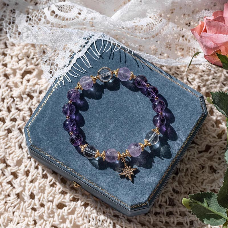 Bransoletka z zawieszkami z naturalnego ametystu i wewnętrznego spokoju z Buddha Stones
