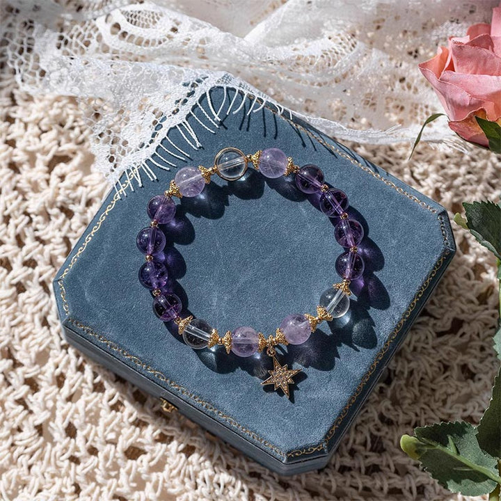 Bransoletka z zawieszkami z naturalnego ametystu i wewnętrznego spokoju z Buddha Stones